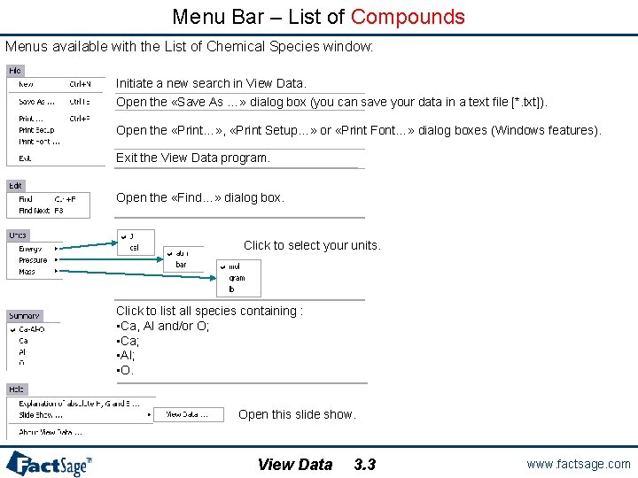 Menu Bar – List of Compounds Menus available with the List of Chemical Species