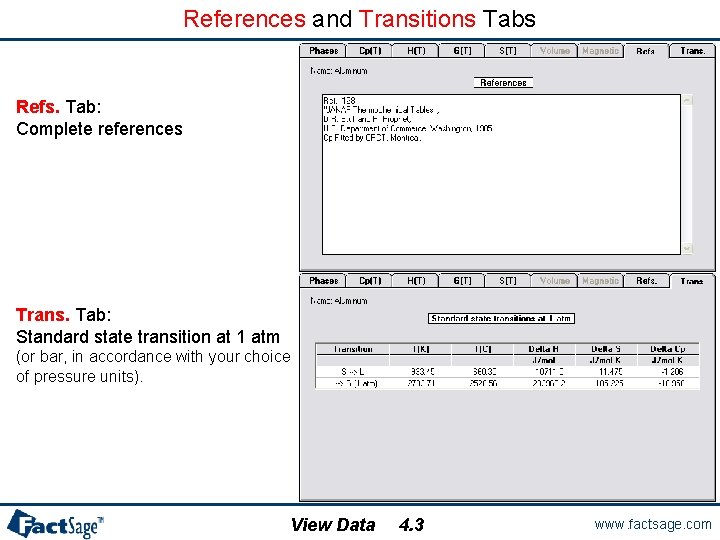 References and Transitions Tabs Refs. Tab: Complete references Trans. Tab: Standard state transition at