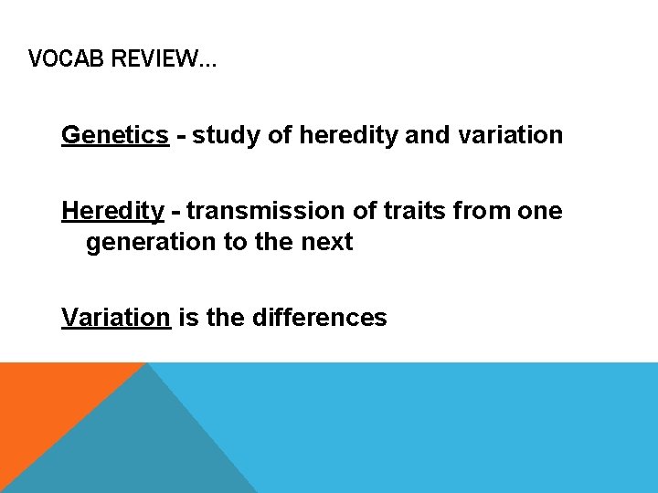 VOCAB REVIEW… Genetics - study of heredity and variation Heredity - transmission of traits