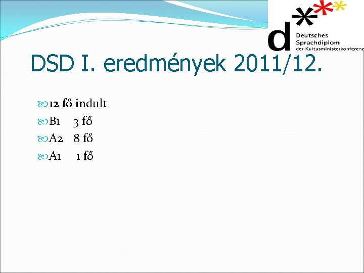 DSD I. eredmények 2011/12. 12 fő indult B 1 3 fő A 2 8