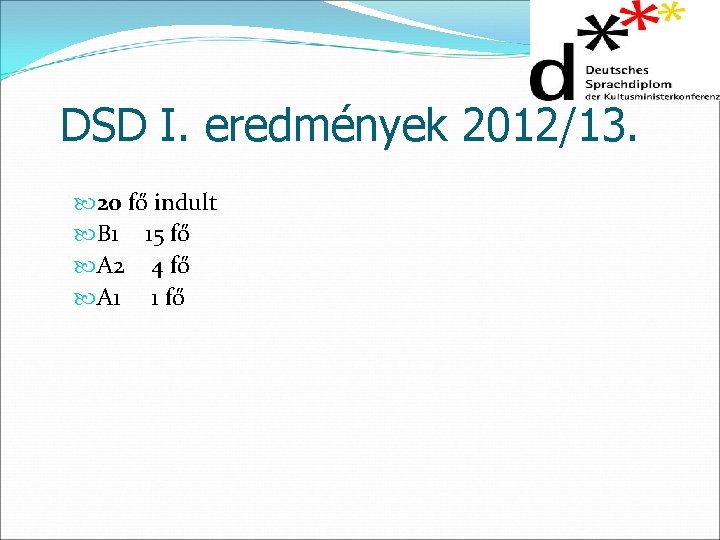 DSD I. eredmények 2012/13. 20 fő indult B 1 15 fő A 2 4