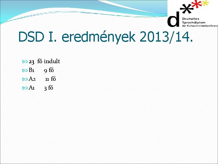 DSD I. eredmények 2013/14. 23 fő indult B 1 9 fő A 2 11