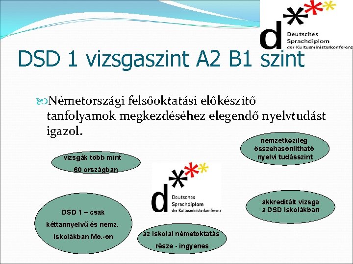 DSD 1 vizsgaszint A 2 B 1 szint Németországi felsőoktatási előkészítő tanfolyamok megkezdéséhez elegendő