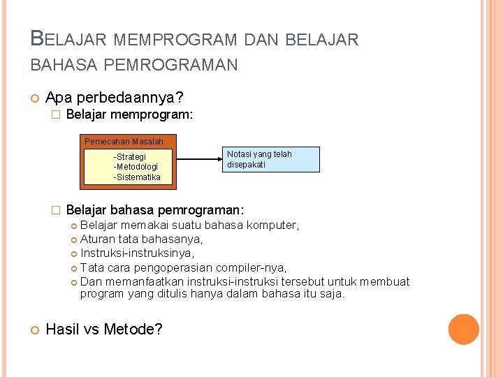 BELAJAR MEMPROGRAM DAN BELAJAR BAHASA PEMROGRAMAN Apa perbedaannya? � Belajar memprogram: Pemecahan Masalah -Strategi