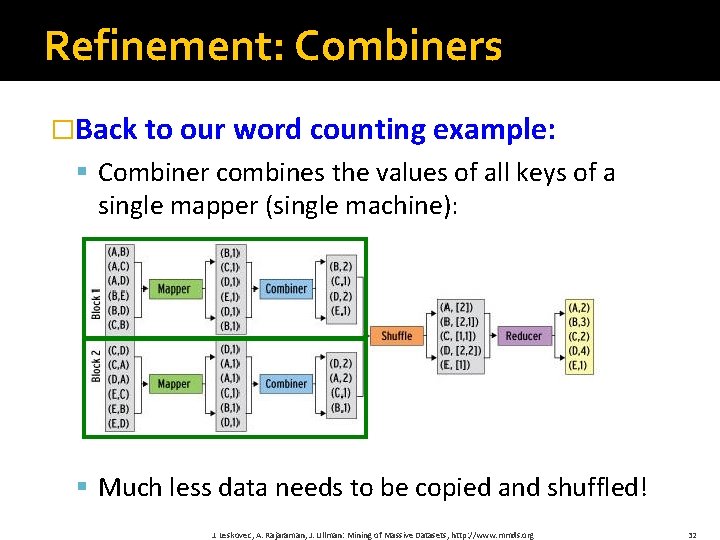 Refinement: Combiners �Back to our word counting example: § Combiner combines the values of