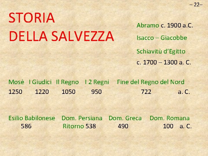 STORIA DELLA SALVEZZA – 22– Abramo c. 1900 a. C. Isacco – Giacobbe Schiavitù