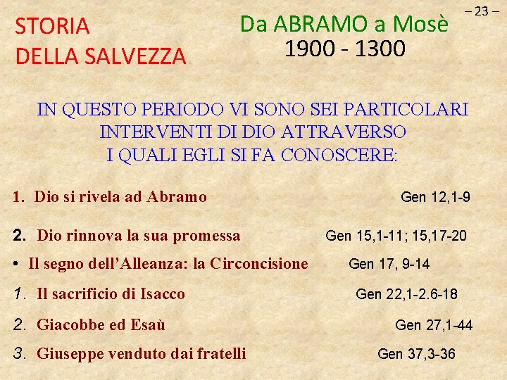 STORIA DELLA SALVEZZA Da ABRAMO a Mosè 1900 - 1300 – 23 – IN