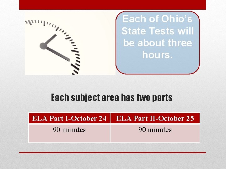 Each of Ohio’s State Tests will be about three hours. Each subject area has