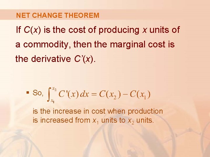 NET CHANGE THEOREM If C(x) is the cost of producing x units of a