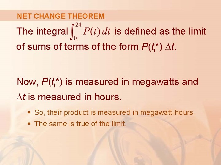 NET CHANGE THEOREM The integral is defined as the limit of sums of terms