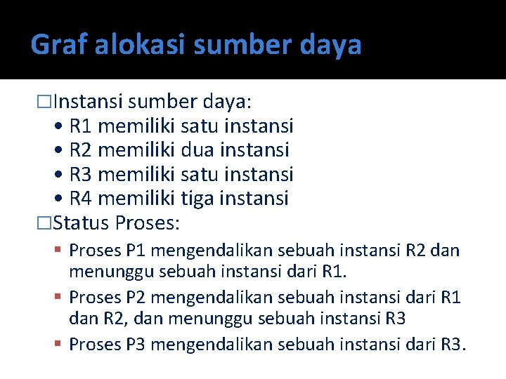 Graf alokasi sumber daya �Instansi sumber daya: • R 1 memiliki satu instansi •