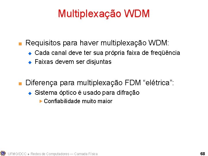 Multiplexação WDM < Requisitos para haver multiplexação WDM: u u < Cada canal deve