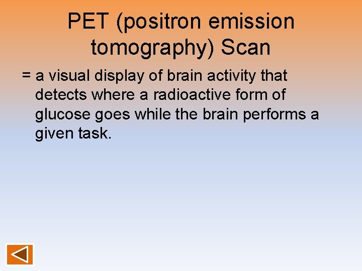 PET (positron emission tomography) Scan = a visual display of brain activity that detects