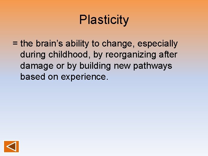 Plasticity = the brain’s ability to change, especially during childhood, by reorganizing after damage