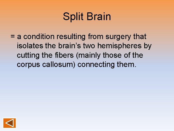 Split Brain = a condition resulting from surgery that isolates the brain’s two hemispheres