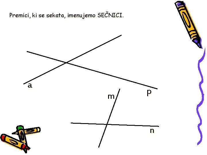 Premici, ki se sekata, imenujemo SEČNICI. a m p n 