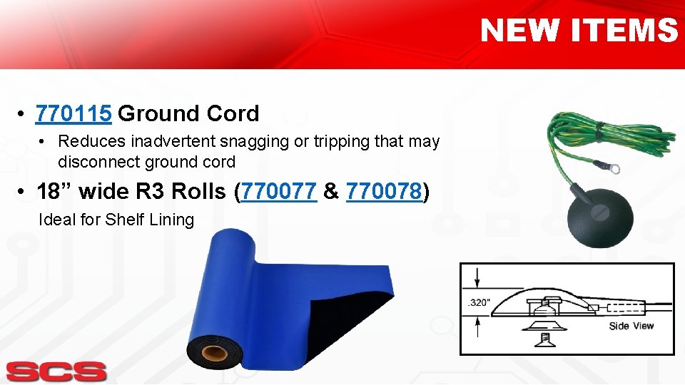 NEW ITEMS • 770115 Ground Cord • Reduces inadvertent snagging or tripping that may