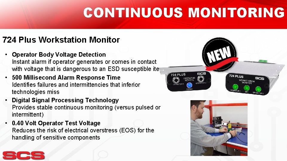 CONTINUOUS MONITORING 724 Plus Workstation Monitor • Operator Body Voltage Detection Instant alarm if