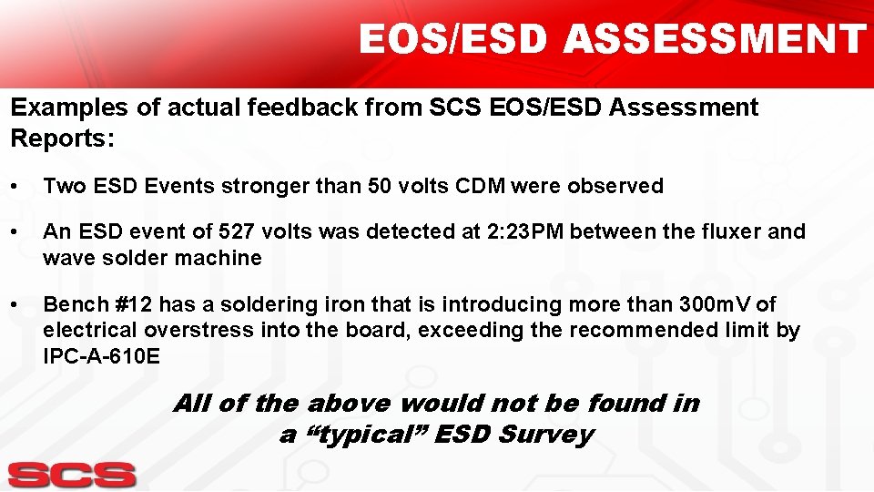 EOS/ESD ASSESSMENT Examples of actual feedback from SCS EOS/ESD Assessment Reports: • Two ESD