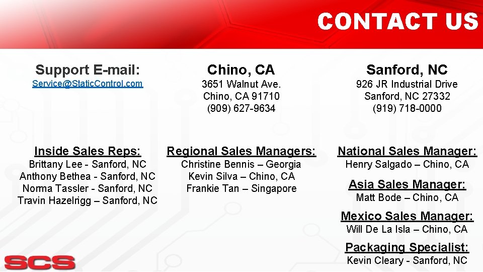 CONTACT US Support E-mail: Chino, CA Sanford, NC Service@Static. Control. com 3651 Walnut Ave.