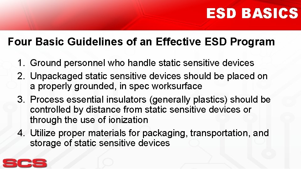 ESD BASICS Four Basic Guidelines of an Effective ESD Program 1. Ground personnel who