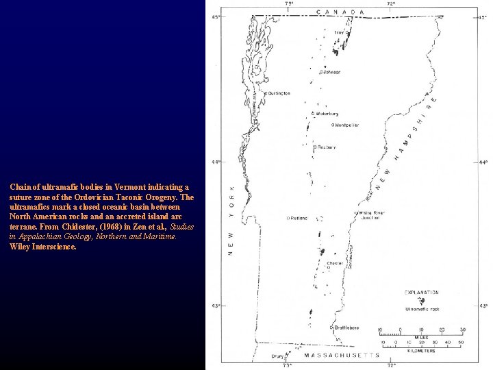 Chain of ultramafic bodies in Vermont indicating a suture zone of the Ordovician Taconic