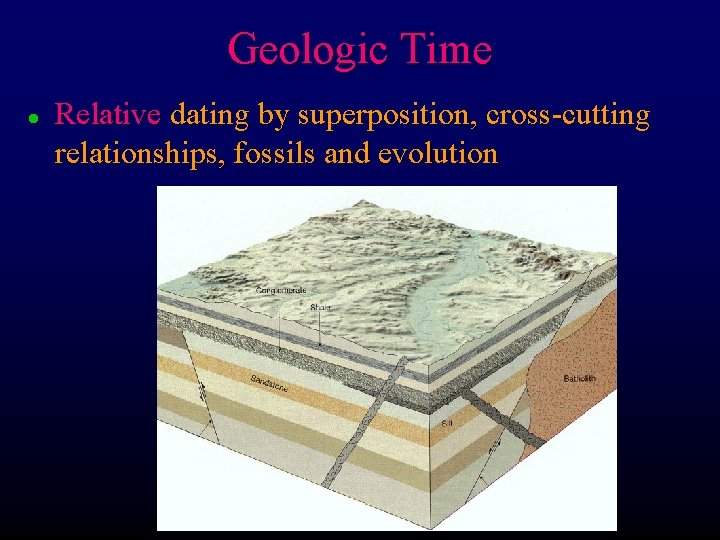 Geologic Time l Relative dating by superposition, cross-cutting relationships, fossils and evolution 