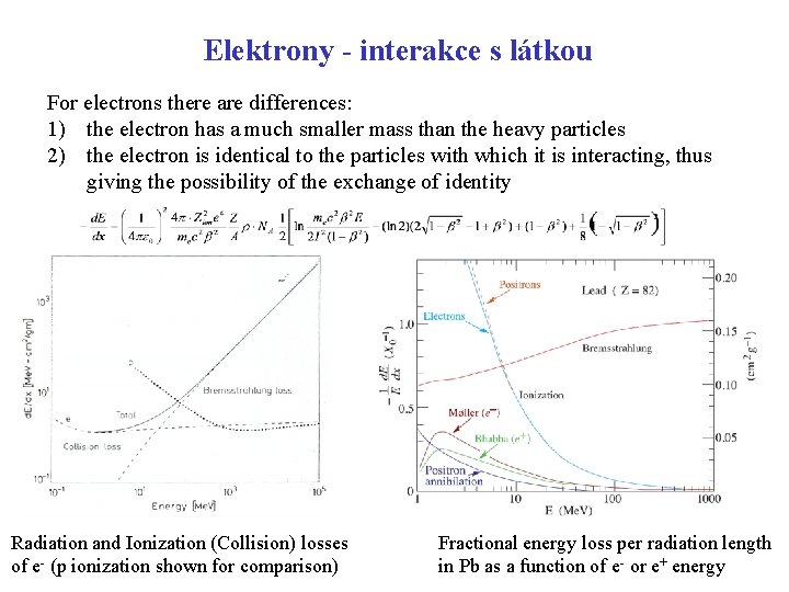 Elektrony - interakce s látkou For electrons there are differences: 1) the electron has