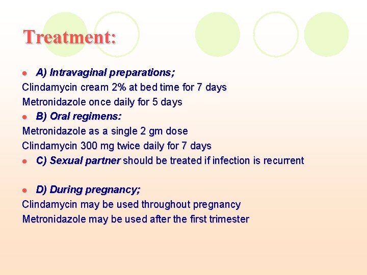 Treatment: A) Intravaginal preparations; Clindamycin cream 2% at bed time for 7 days Metronidazole Treatment: A) Intravaginal preparations; Clindamycin cream 2% at bed time for 7 days Metronidazole