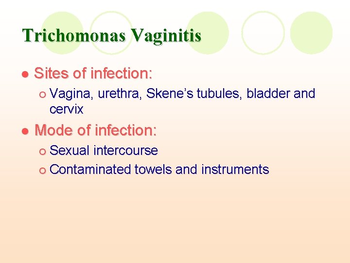 Trichomonas Vaginitis l Sites of infection: ¡ l Vagina, urethra, Skene’s tubules, bladder and Trichomonas Vaginitis l Sites of infection: ¡ l Vagina, urethra, Skene’s tubules, bladder and