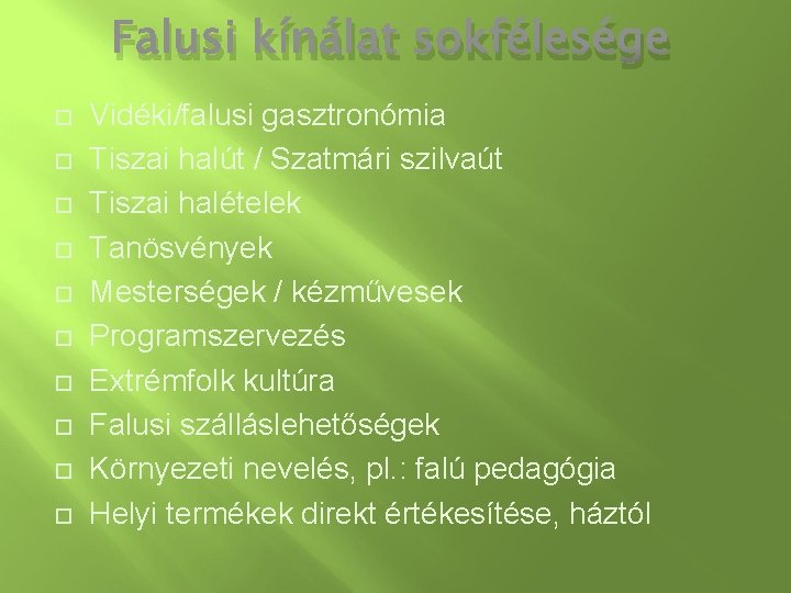 Falusi kínálat sokfélesége Vidéki/falusi gasztronómia Tiszai halút / Szatmári szilvaút Tiszai halételek Tanösvények Mesterségek