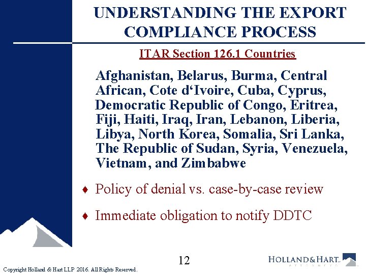 UNDERSTANDING THE EXPORT COMPLIANCE PROCESS ITAR Section 126. 1 Countries Afghanistan, Belarus, Burma, Central