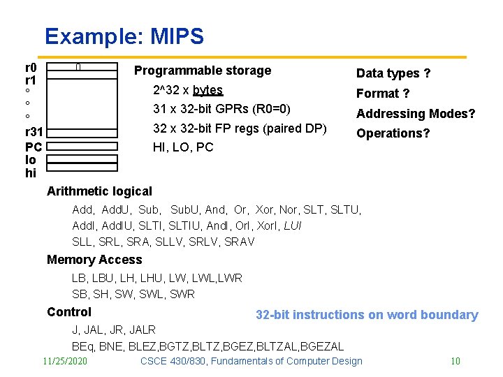 Example: MIPS r 0 r 1 ° ° ° r 31 PC lo hi