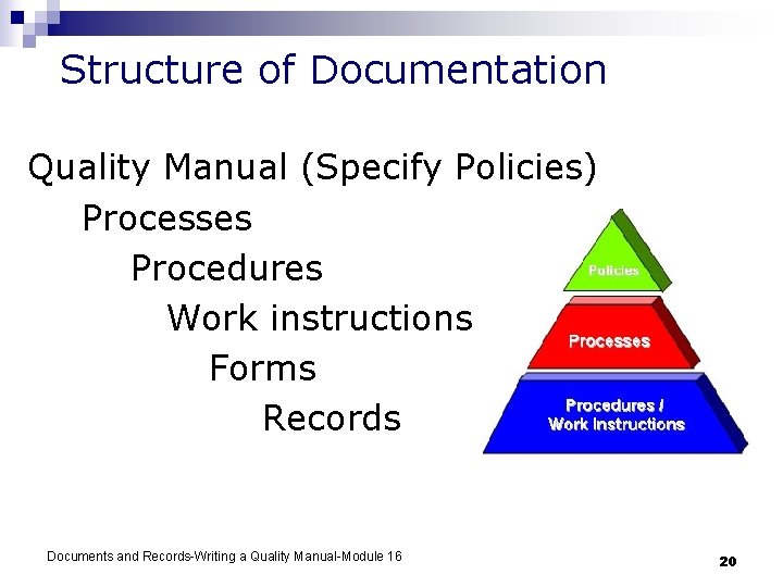 Structure of Documentation Quality Manual (Specify Policies) Processes Procedures Work instructions Forms Records Documents