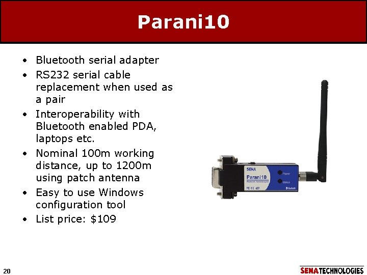 Parani 10 • Bluetooth serial adapter • RS 232 serial cable replacement when used
