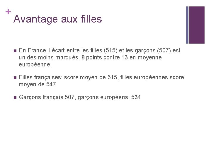 + Avantage aux filles n En France, l’écart entre les filles (515) et les