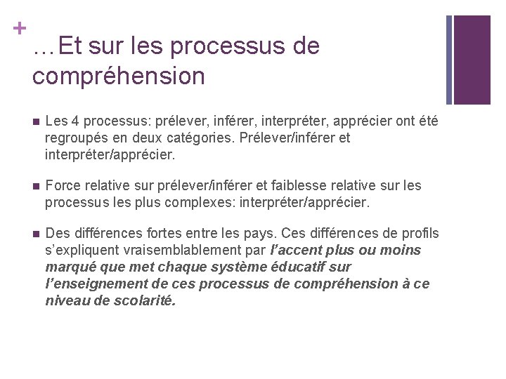 + …Et sur les processus de compréhension n Les 4 processus: prélever, inférer, interpréter,