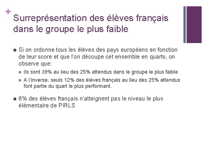 + Surreprésentation des élèves français dans le groupe le plus faible n n Si