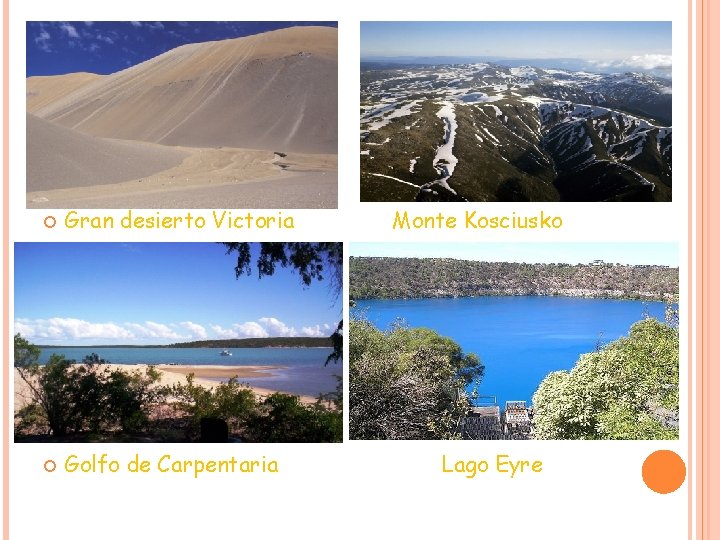 Gran desierto Victoria Golfo de Carpentaria Monte Kosciusko Lago Eyre Gran desierto Victoria Golfo de Carpentaria Monte Kosciusko Lago Eyre