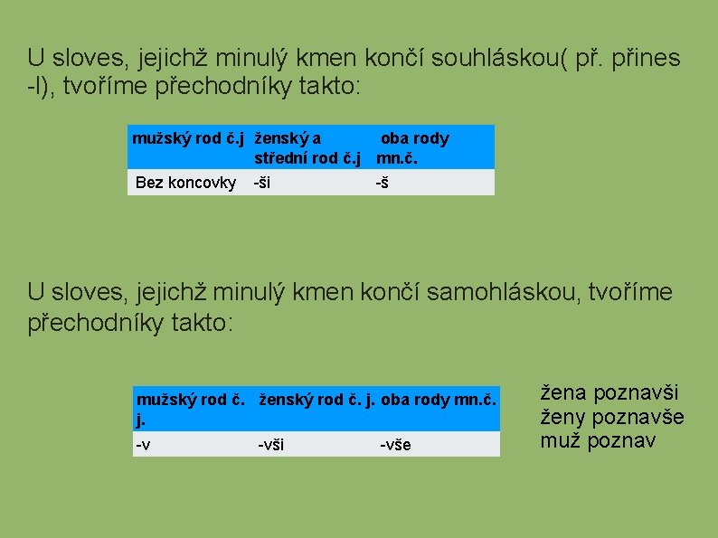 U sloves, jejichž minulý kmen končí souhláskou( př. přines -l), tvoříme přechodníky takto: mužský