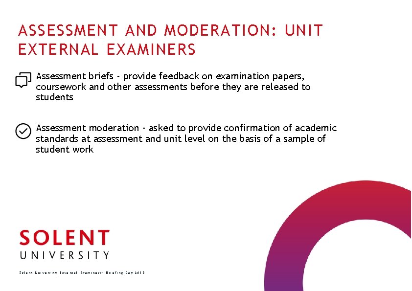 ASSESSMENT AND MODERATION: UNIT EXTERNAL EXAMINERS Assessment briefs - provide feedback on examination papers,