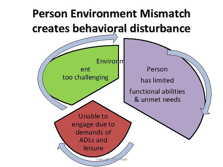 Person Environment Mismatch creates behavioral disturbance Environm ent too challenging Unable to engage due