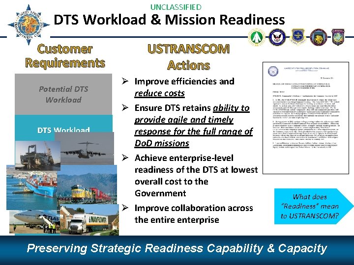 UNCLASSIFIED DTS Workload & Mission Readiness Customer Requirements Potential DTS Workload USTRANSCOM Actions Ø