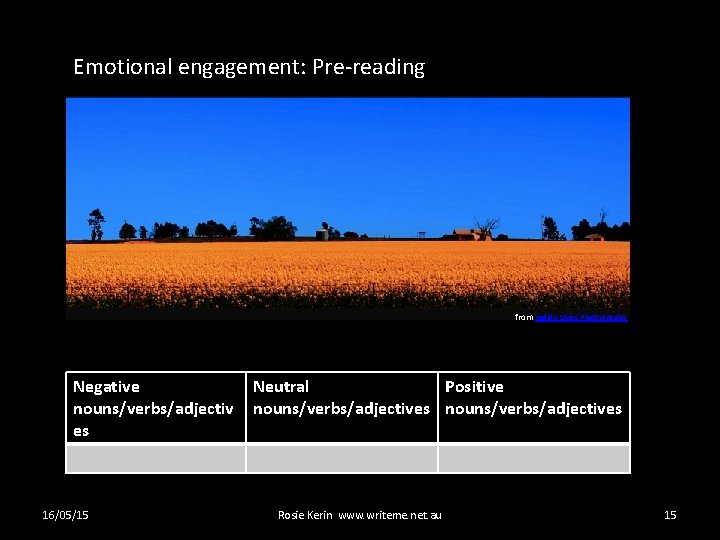 Emotional engagement: Pre-reading from Indigo Skies Photography Negative nouns/verbs/adjectiv es 16/05/15 Neutral Positive nouns/verbs/adjectives