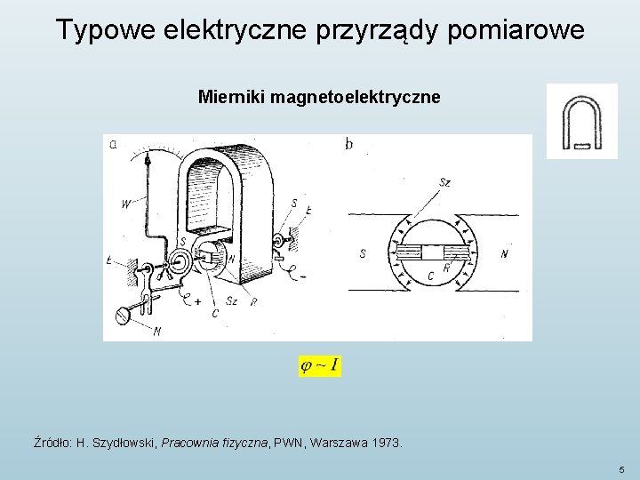 Typowe elektryczne przyrządy pomiarowe Mierniki magnetoelektryczne Źródło: H. Szydłowski, Pracownia fizyczna, PWN, Warszawa 1973.