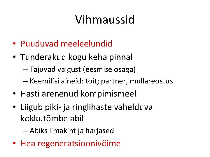 Vihmaussid • Puuduvad meeleelundid • Tunderakud kogu keha pinnal – Tajuvad valgust (eesmise osaga)