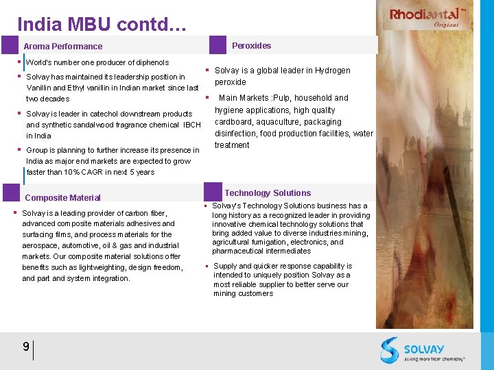 India MBU contd… Peroxides Aroma Performance § World’s number one producer of diphenols §