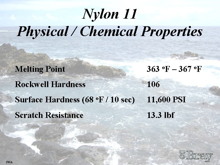Nylon 11 Physical / Chemical Properties SWA Melting Point 363 o. F – 367