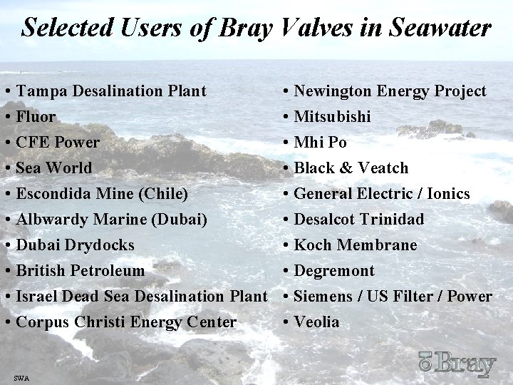 Selected Users of Bray Valves in Seawater • Tampa Desalination Plant • Fluor •
