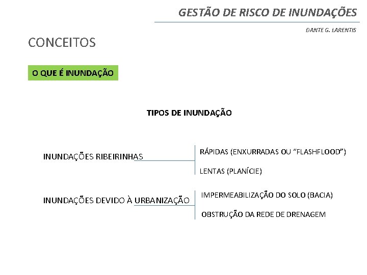 GESTÃO DE RISCO DE INUNDAÇÕES DANTE G. LARENTIS CONCEITOS O QUE É INUNDAÇÃO TIPOS GESTÃO DE RISCO DE INUNDAÇÕES DANTE G. LARENTIS CONCEITOS O QUE É INUNDAÇÃO TIPOS